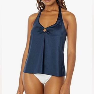 TAHARI Women's Standard Ring Front Halter Flyaway Flare Tankini Top Swimsuit